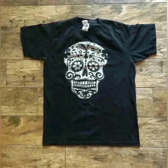 SUGAR SKULL MENS BLACK WHITE T-SHIRT MEDIUM - Picture 2 of 6